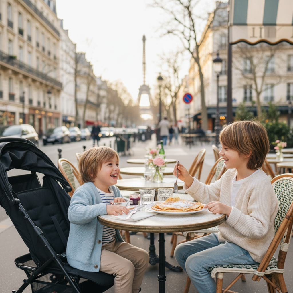 Family Trip to Europe: Children sharing crêpes at a Paris café table with a stroller parked nearby; soft daylight and a subtle Paris backdrop.